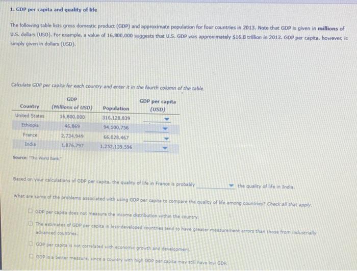 Solved 1. GDP per capita and quality of life The following | Chegg.com