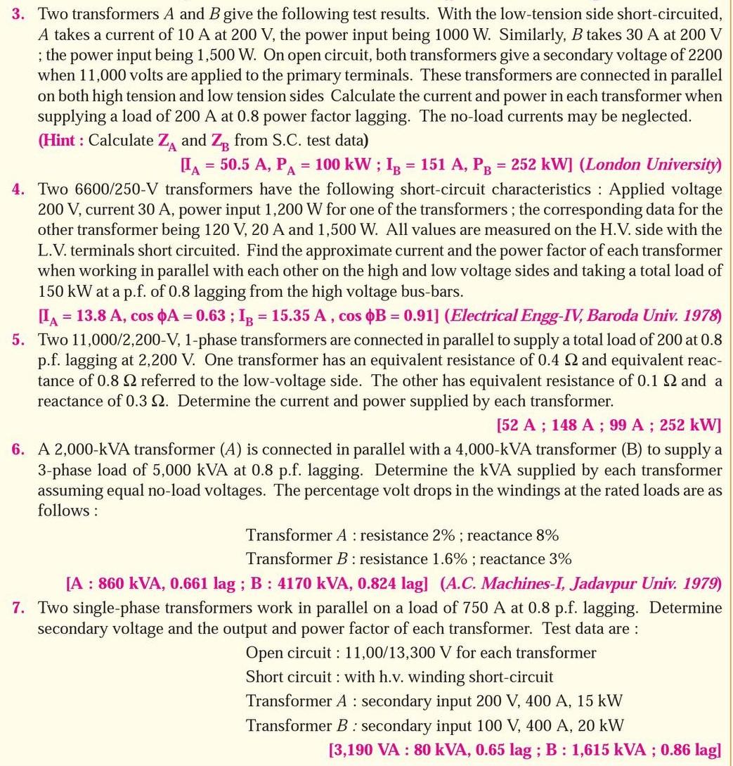 Solved 3. Two Transformers A And B Give The Following Test | Chegg.com