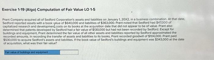 Solved Exercise 1-19 (Algo) Computation Of Fair Value LO 1-5 | Chegg.com