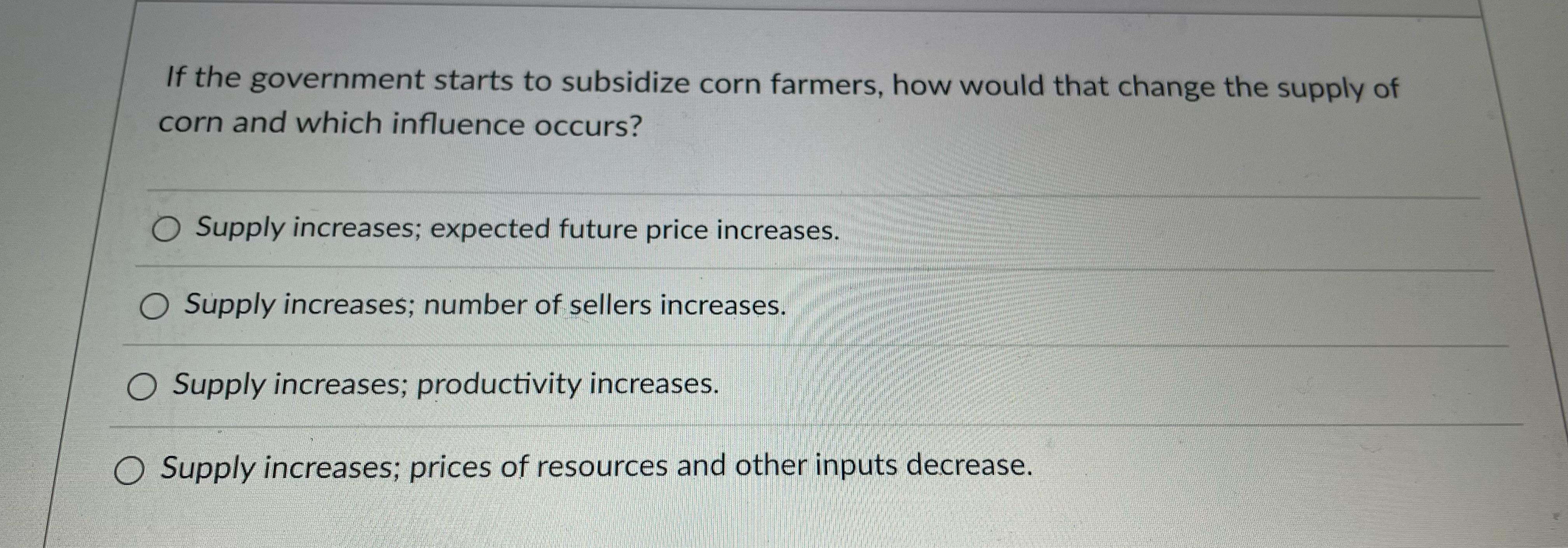 Solved If the government starts to subsidize corn farmers, | Chegg.com