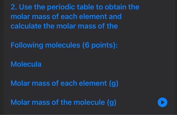 2. Use the periodic table to obtain the molar mass of each element and calculate the molar mass of the
Following molecules (