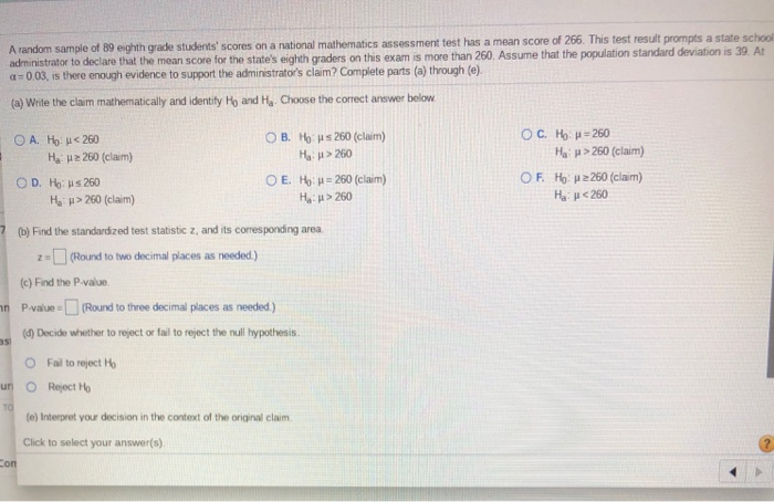 Solved A random sample of 89 eighth grade students' scores | Chegg.com