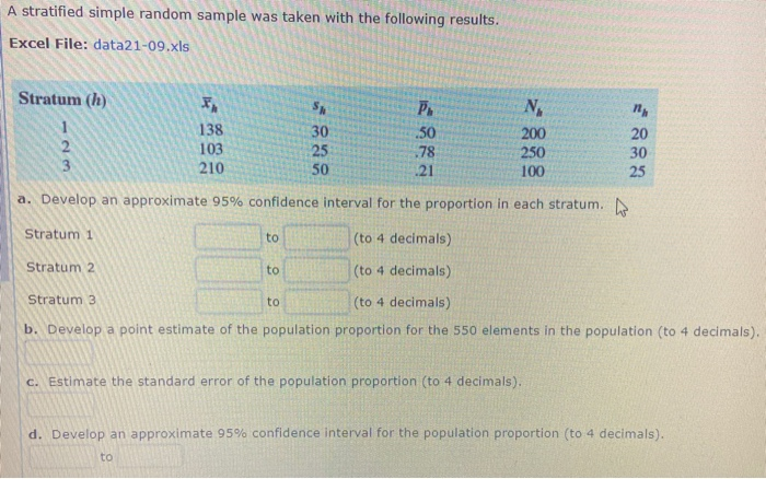 Solved A Stratified Simple Random Sample Was Taken With The | Chegg.com