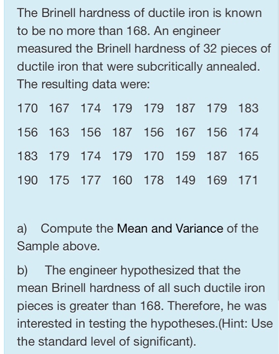 Solved The Brinell hardness of ductile iron is known to be