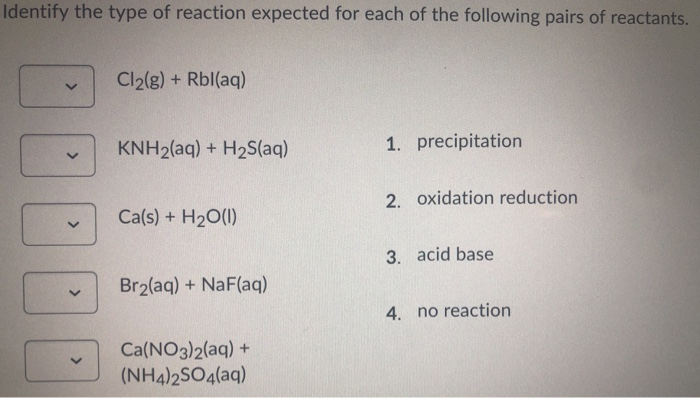 Solved Identify the type of reaction expected for each of | Chegg.com