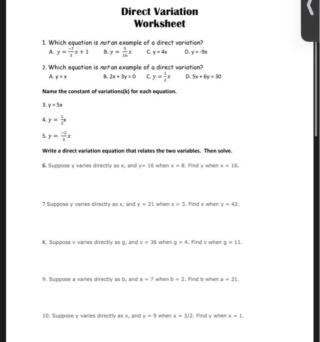 Solved Direct Variation Worksheet 1 Which Equation Is No Chegg Com