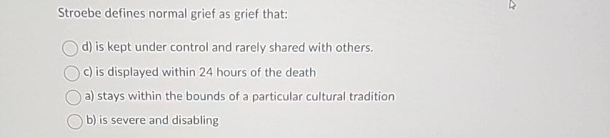 Solved Stroebe defines normal grief as grief that:d) ﻿is | Chegg.com