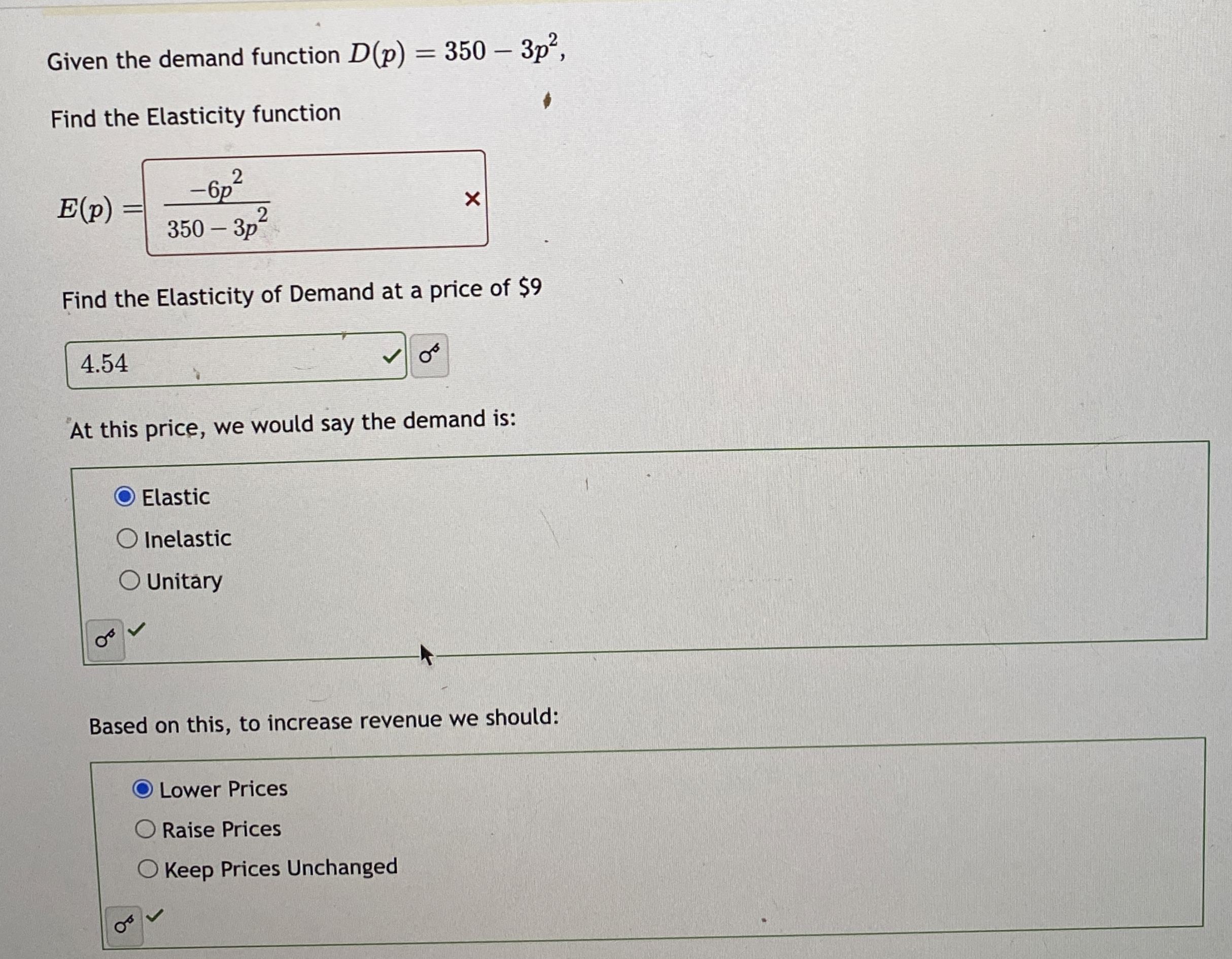 Solved Given the demand function D(p)=350-3p2,Find the | Chegg.com
