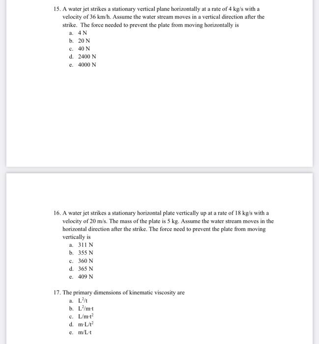 Solved 15 A Water Jet Strikes A Stationary Vertical Plan Chegg Com