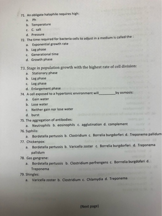 Solved 71. An obligate halophile requires high: a. Ph b. | Chegg.com