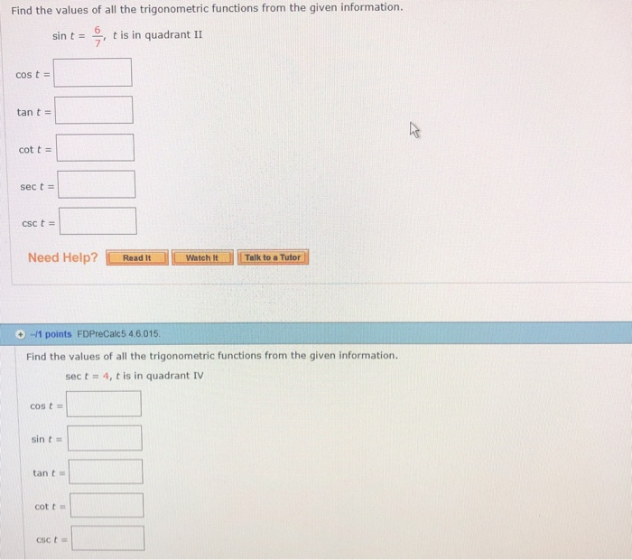 Solved Find the values of all the trigonometric functions | Chegg.com