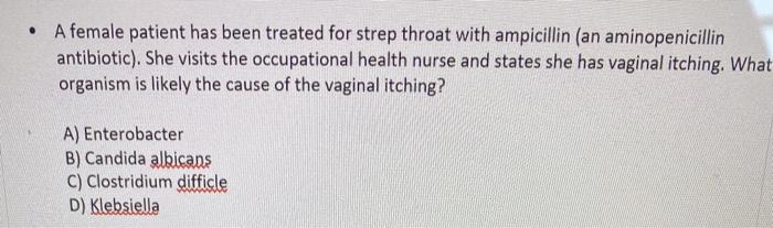 • A female patient has been treated for strep throat with ampicillin (an aminopenicillin antibiotic). She visits the occupati