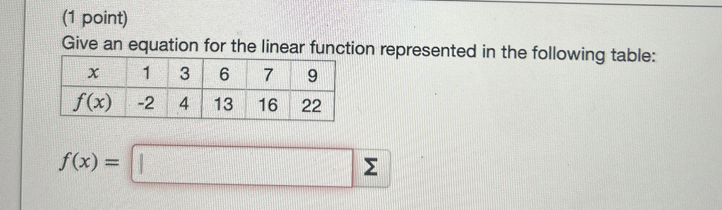 Solved (1 ﻿point)Give an equation for the linear function | Chegg.com
