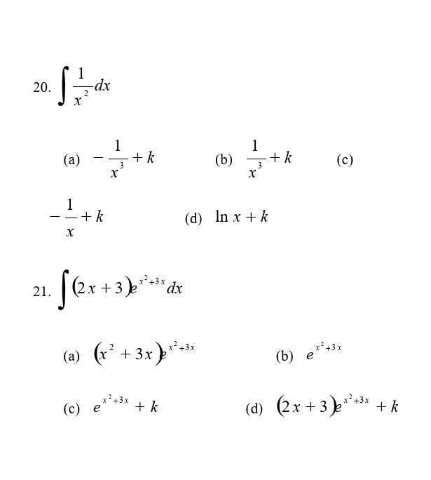 Solved 20 ∫x21dx A −x31 K B X31 K C −x1 K D Lnx K