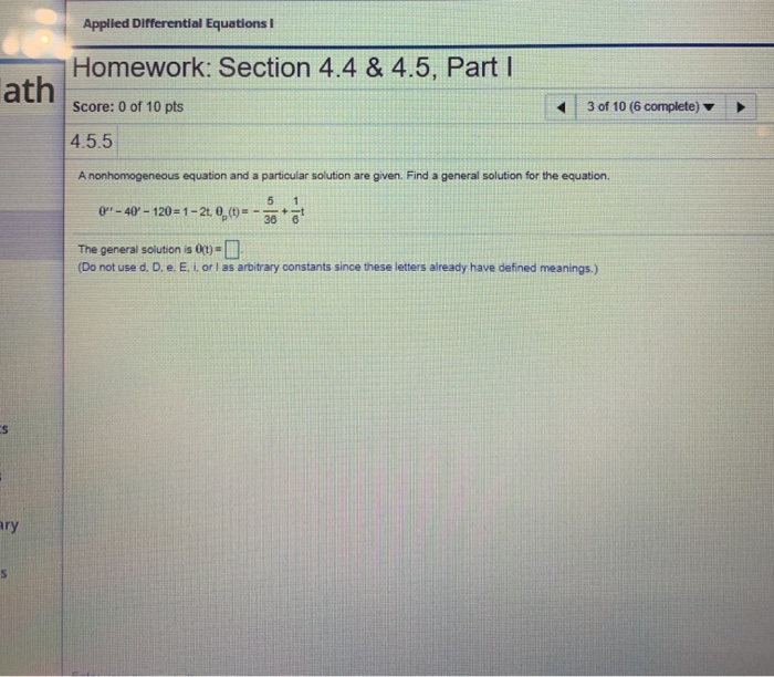 Solved Applied Differential Equations I Homework: Section | Chegg.com