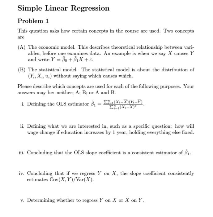 Solved Simple Linear Regression Problem 1 This question asks | Chegg.com image.