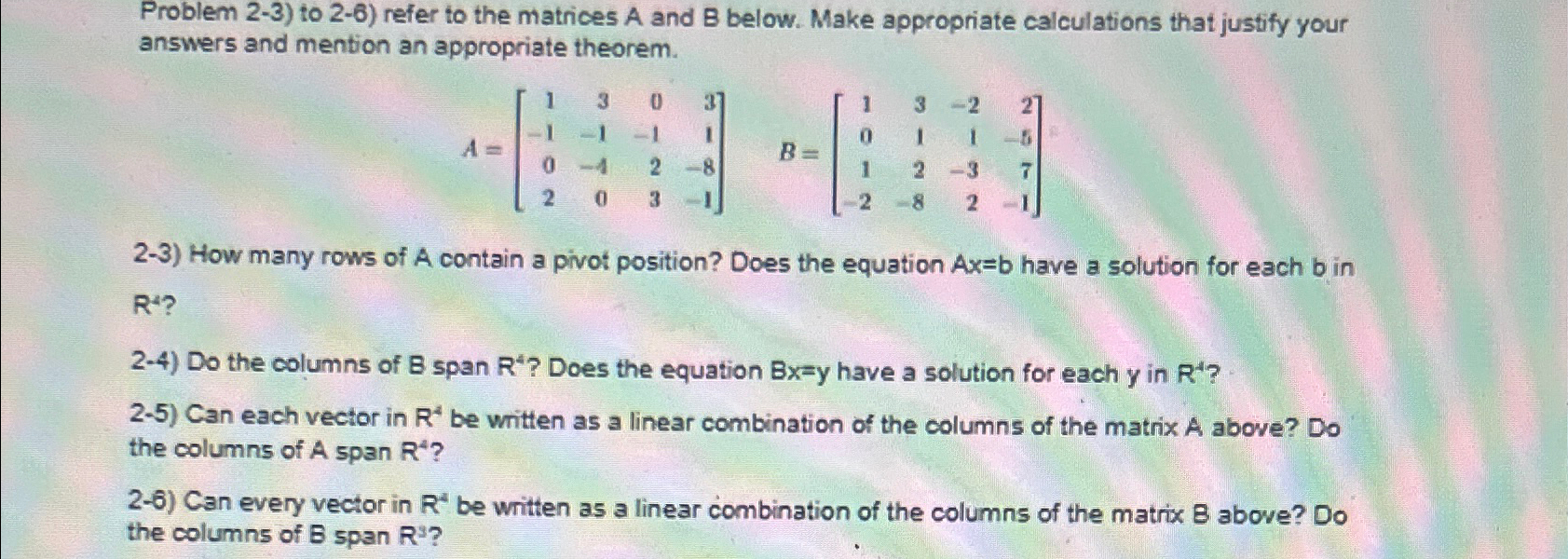 Problem 2-3 ) to 2-6 ) refer to the matrices A and B | Chegg.com