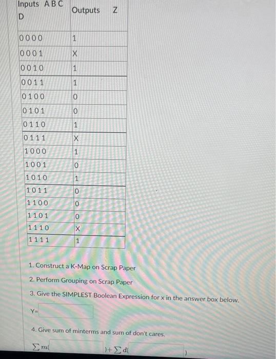 Solved Inputs ABC D Outputs N 0000 1 0001 X 0010 1 0011 1 | Chegg.com