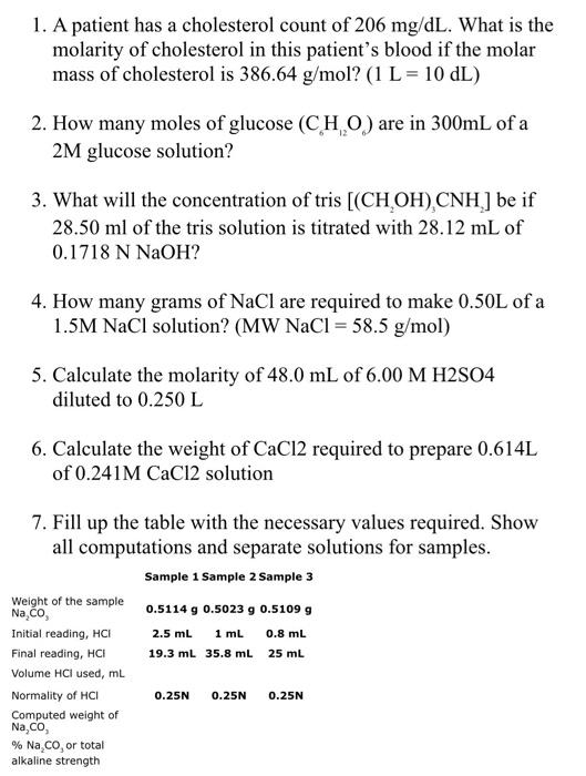 Solved 1. A patient has a cholesterol count of 206 mg/dL. | Chegg.com