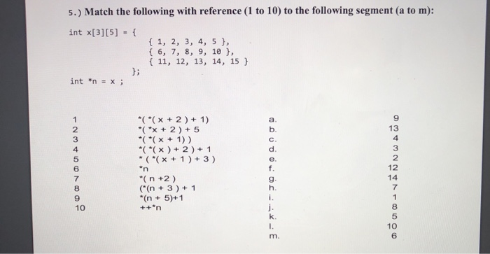5.) Match the following with reference (1 to 10) to the following segment (a to m): int x[3][5] = { { 1, 2, 3, 4, 5 }, { 6, 7