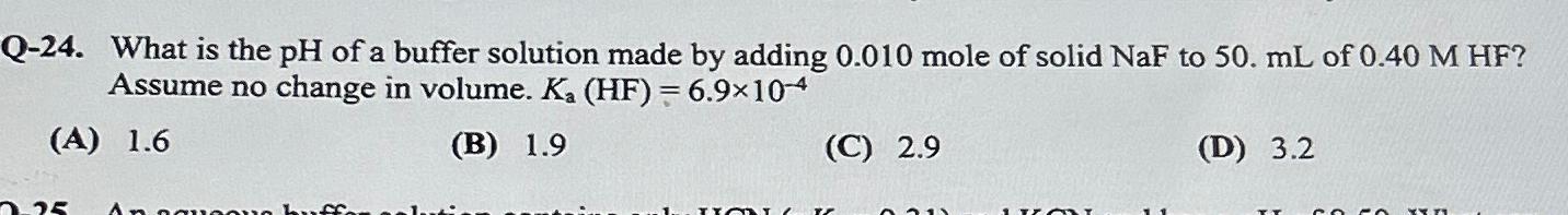 Q 24 What Is The PH Of A Buffer Solution Made By Chegg Com   Image