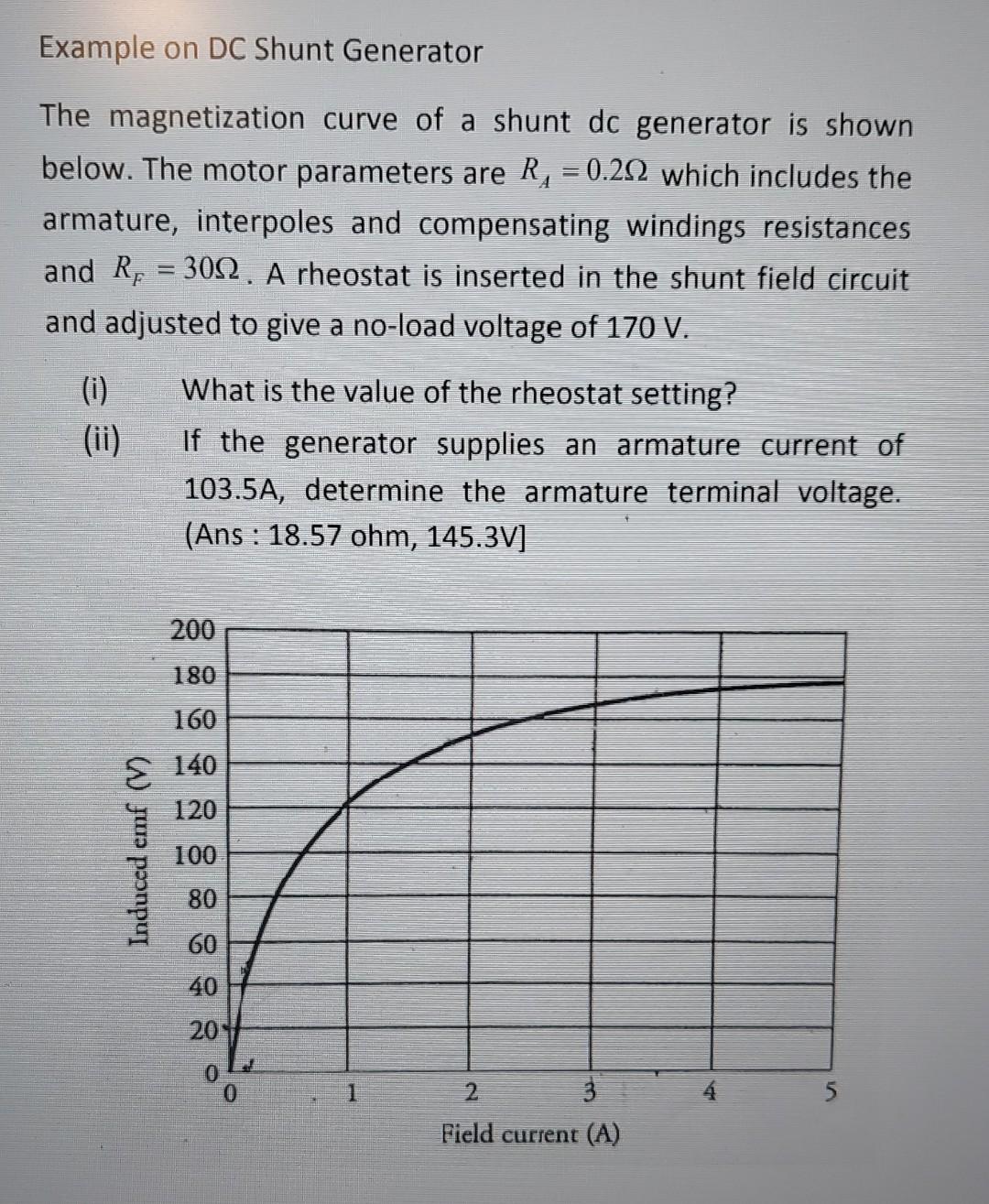 Example on DC Shunt Generator
The magnetization curve of a shunt dc generator is shown below. The motor parameters are \( R_{