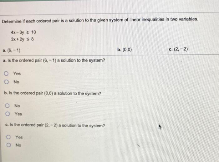 Solved Determine if each ordered pair is a solution to the | Chegg.com