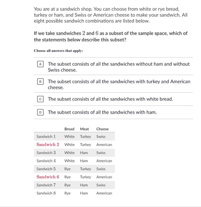 Solved eight possible sandwich combinations are listed | Chegg.com