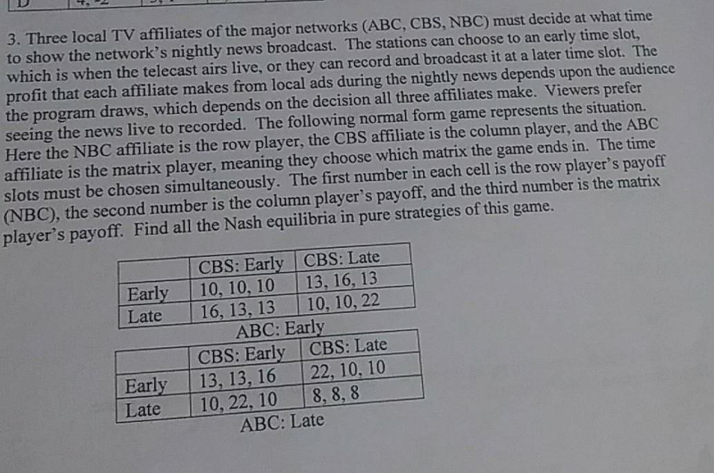 Solved 3. Three local TV affiliates of the major networks