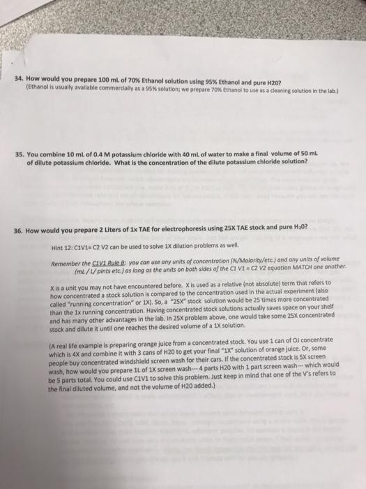Solved 34 How Would You Prepare 100 Ml Of 70 Ethanol Chegg Com