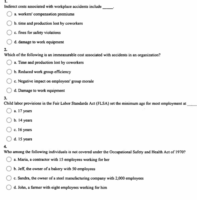 Solved Indirect costs associated with workplace accidents | Chegg.com
