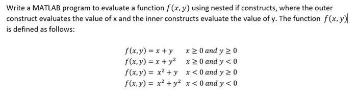 Solved Write a MATLAB program to evaluate a function f(x,y) | Chegg.com