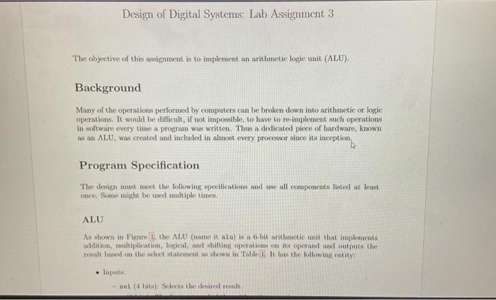 Solved Design of Digital Systems: Lab Assignment 3 The | Chegg.com