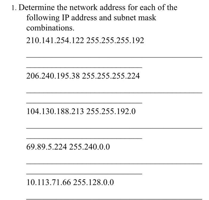 Get married Clan voice Solved 1. Determine the network address for each of the | Chegg.com