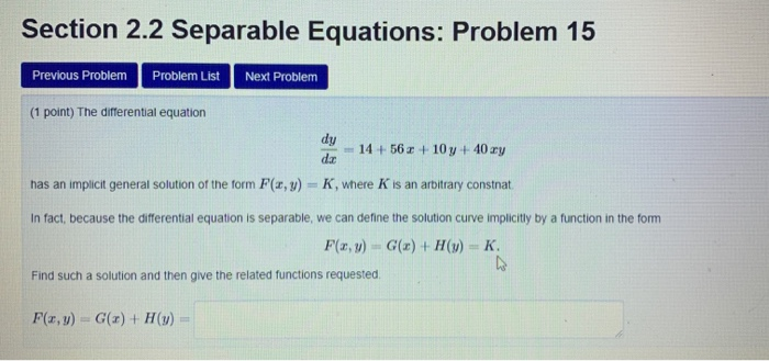 Solved Section 2.2 Separable Equations: Problem 15 Previous | Chegg.com