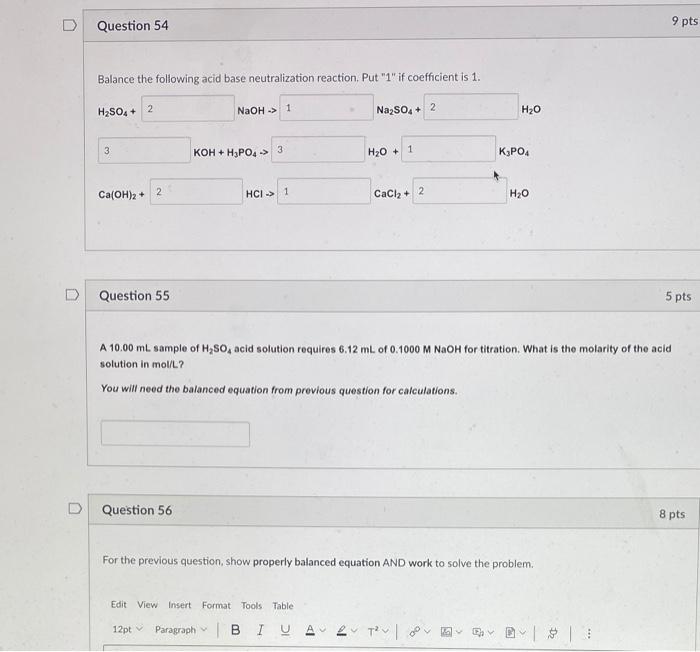 Solved Question 54 9 pts Balance the following acid base | Chegg.com