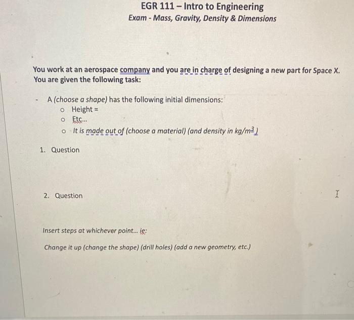 EGR 111 - Intro to Engineering Exam - Mass, Gravity, | Chegg.com