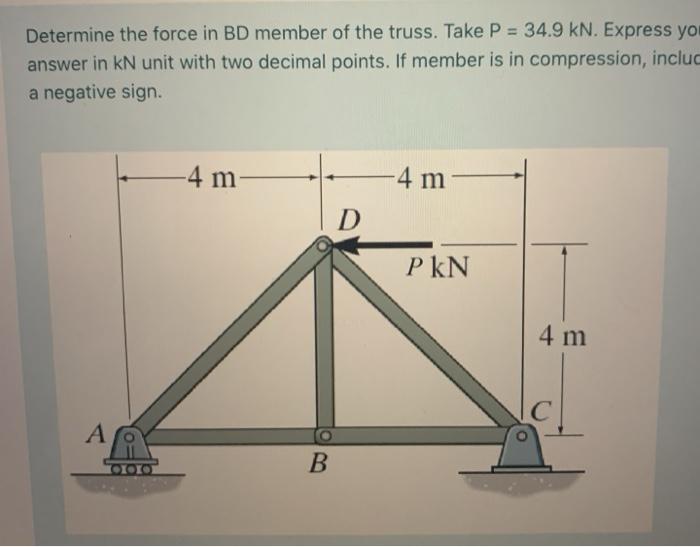 Solved Determine The Force In BD Member Of The Truss. Take P | Chegg.com