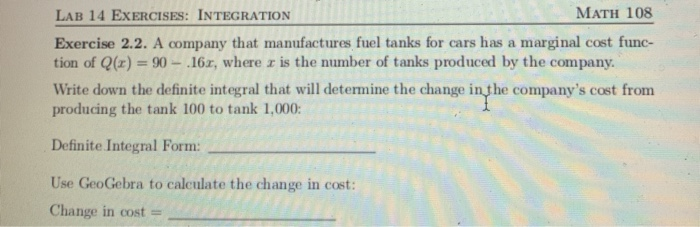 Work Integral Tank Example Problems Solved LAB 14 EXERCISES: INTEGRATION MATH 108 Exercise 2.2. | Chegg.com