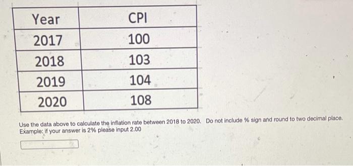 Solved Year CPI 100 2017 2018 2019 2020 103 104 108 Use the | Chegg.com