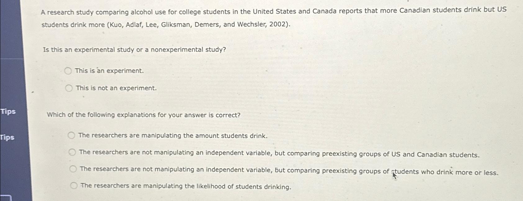 a research study comparing alcohol use