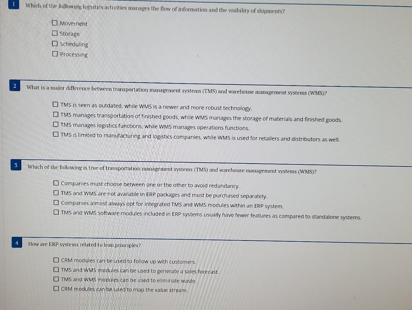 Which of the following logistics activities manages | Chegg.com