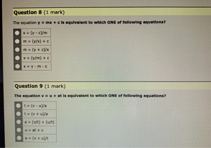 Solved Question 8 1 Mark The Equation Y Mx C Is Equ Chegg Com