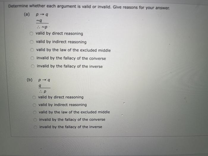 Solved Determine whether each argument is valid or invalid. | Chegg.com