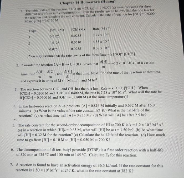 Solved 1. The tinitial nites of the reaction 2NO(g)+Cl2( | Chegg.com