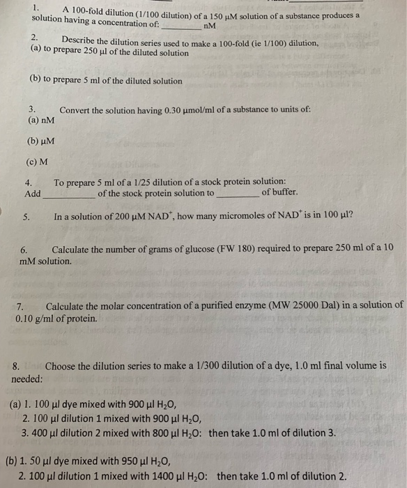 Solved 100fold dilution (1/100 dilution) of a 150 LM