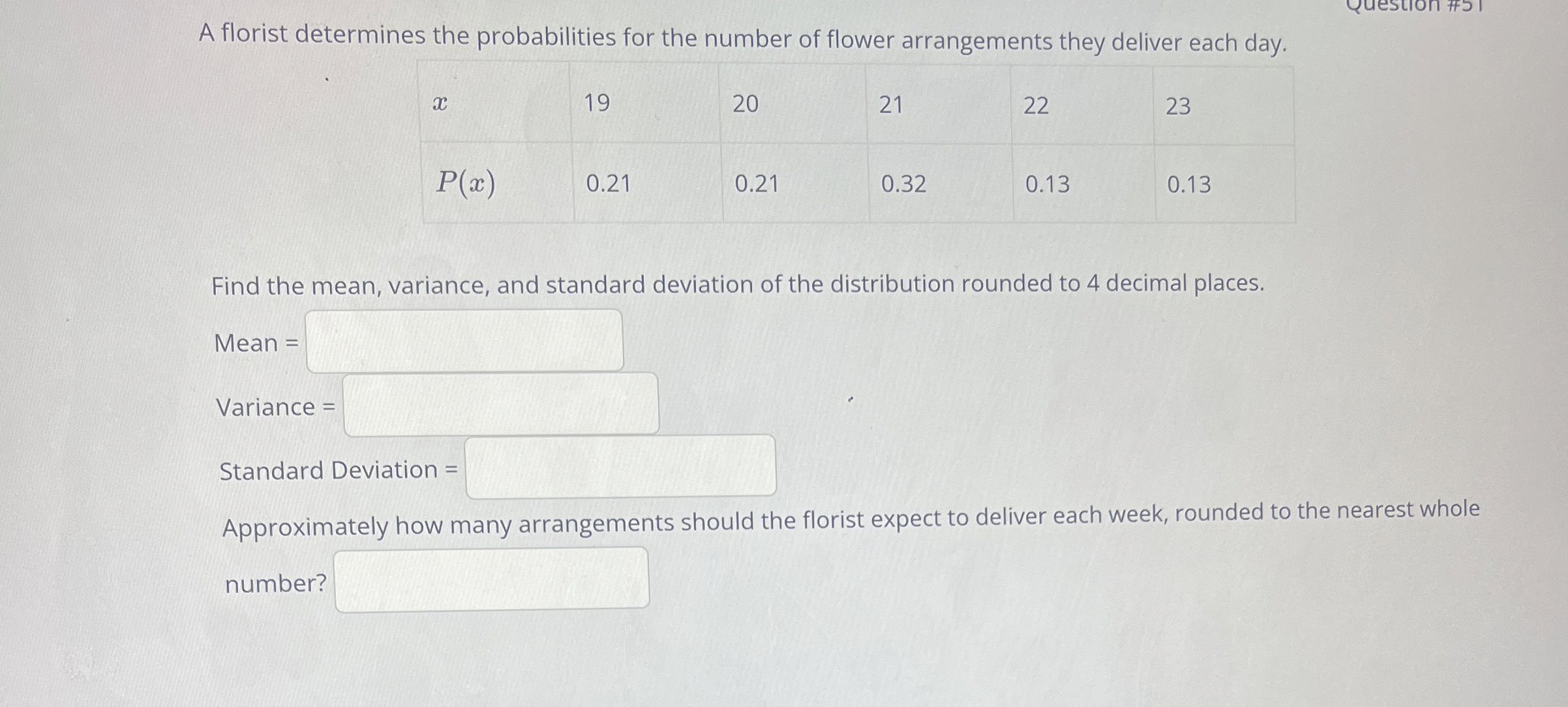 Solved A florist determines the probabilities for the number | Chegg.com