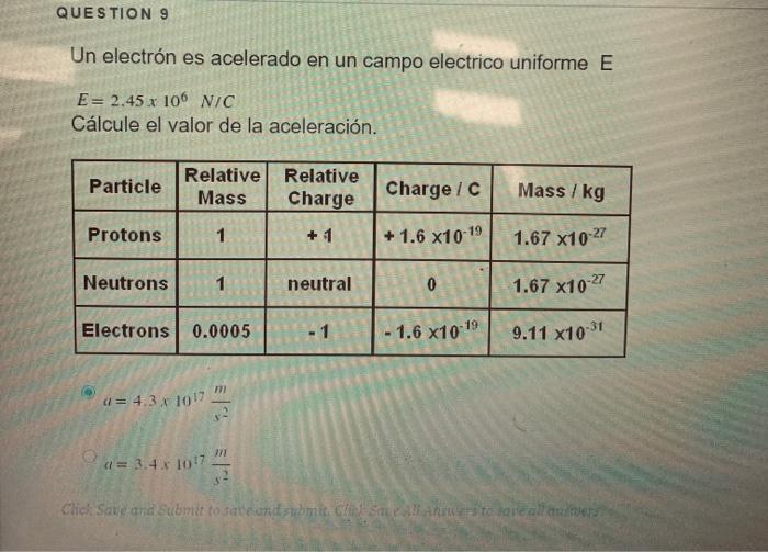 QUESTION 9 Un electrón es acelerado en un campo electrico uniforme E E=2.45 x 106 NIC Cálcule el valor de la aceleración. Par