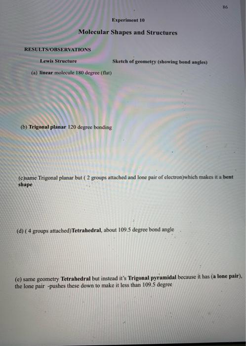 Solved 86 Experiment 10 Molecular Shapes and Structures | Chegg.com