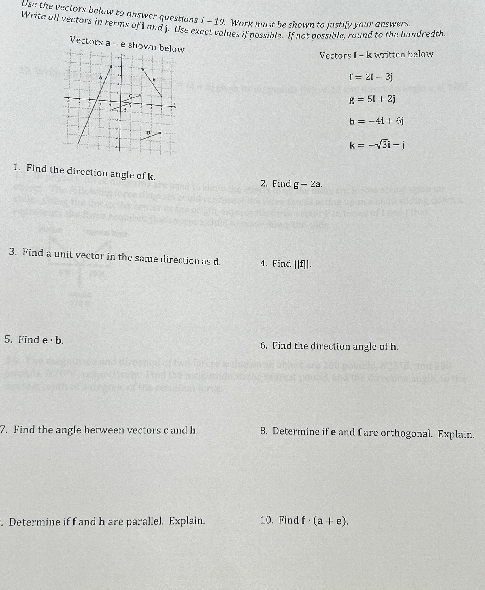 Solved Use the vectors below to answer questions 1-10. ﻿Work | Chegg.com
